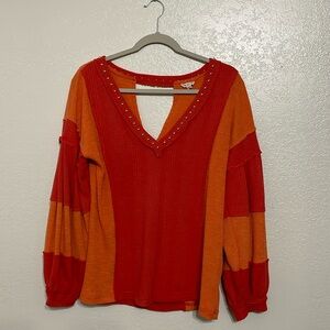 Pol ORANGE two toned OVERSIZED patchwork top with inside out seams. Cute…